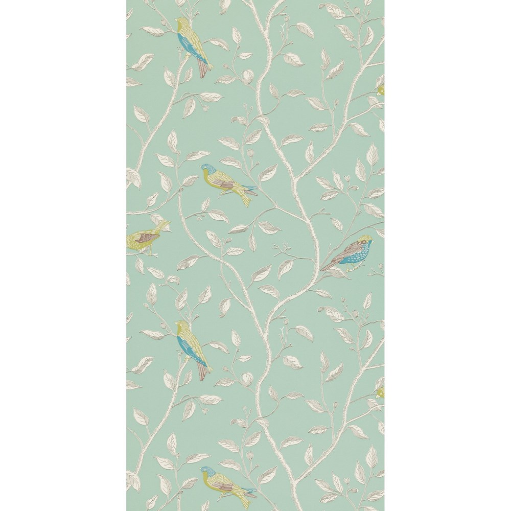 Finches Bird Branch Wallpaper 101 by Scion in Duckegg Green